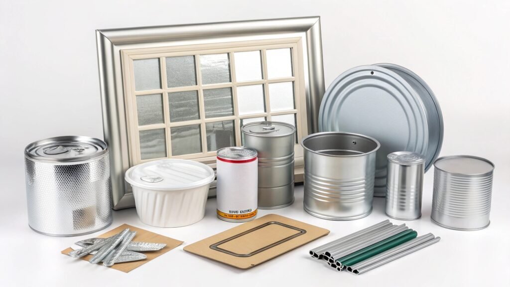 A graphic with seven distinct icons, each representing one of the listed uses of aluminum: a plane, a car, a soda can, a window frame, a computer heat sink, a cooking pot, and a building facade.